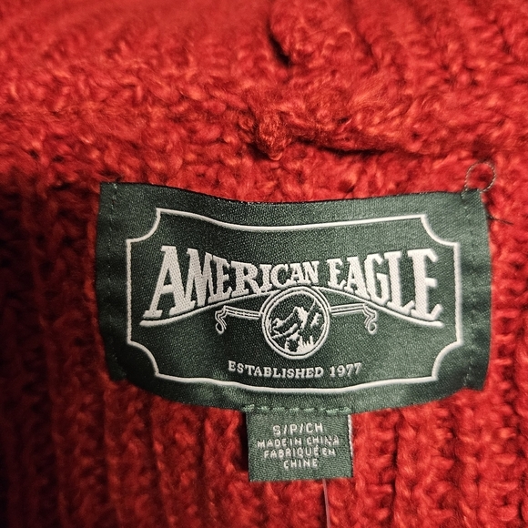 AE American Eagle Cable Knit Mock neck Red Sweater jumper Bishop sleeve size S - Picture 9 of 11